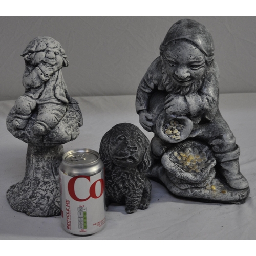 159 - 3 GARDEN ORNAMENTS - 1 LEPRECHAUN, 1 DOG AND 1 GNOME ON  A TOADSTOOL