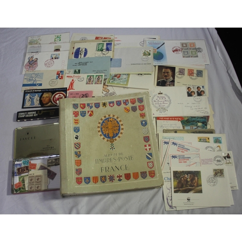 163 - CASE OF LOOSE STAMPS, STAMP ALBUM (EMPTY), FIRST DAY COVERS, NOTES, ETC