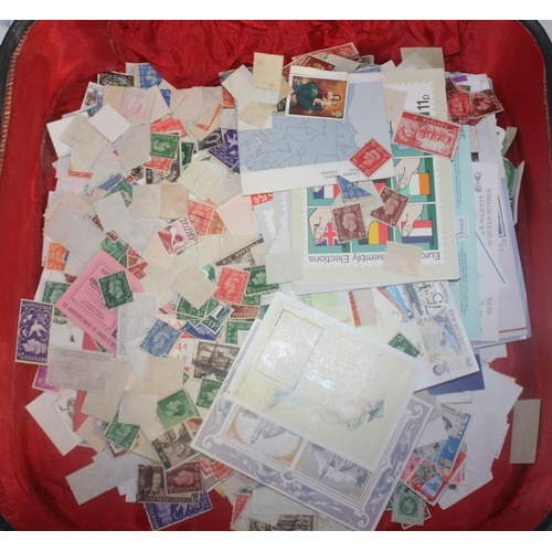 163 - CASE OF LOOSE STAMPS, STAMP ALBUM (EMPTY), FIRST DAY COVERS, NOTES, ETC