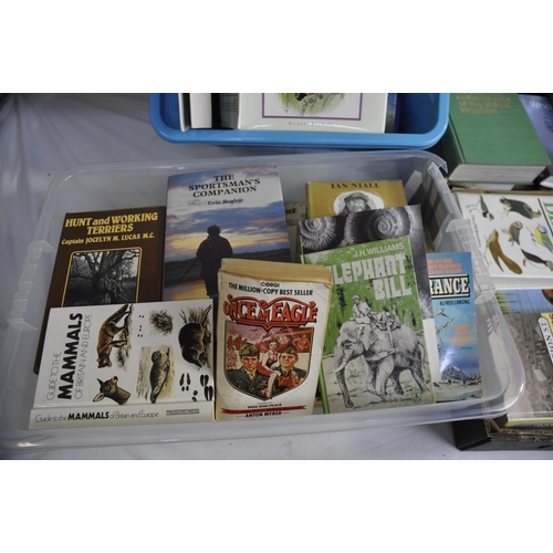 189 - 4 BOXES OF BOOKS ON FISHING, HUNTING, BIRDS AND ANIMALS