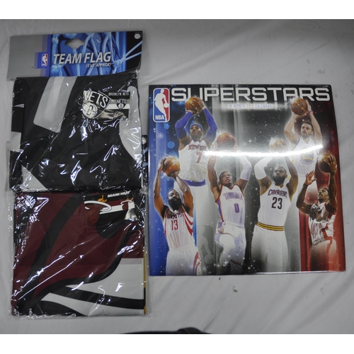 234 - 3 BOXES OF NEW STOCK - FRUIT HEADBANDS, TEAM FLAGS - MIAMI HEAT AND BROOKLYN NETS, UNDER DOOR SEALS,... 