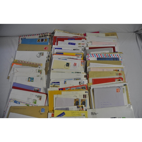 257 - BOX OF POSTAL ENVELOPES WITH STAMPS AND BOX OF POSTCARDS WITH STAMPS