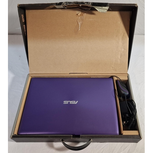 283 - PURPLE ASUS NOTEBOOK WITH AQPROX MOUSE, CHARGER IN DELL CARRY BOX WITH WINDOWS 10 (MODEL X5536) FAUL... 