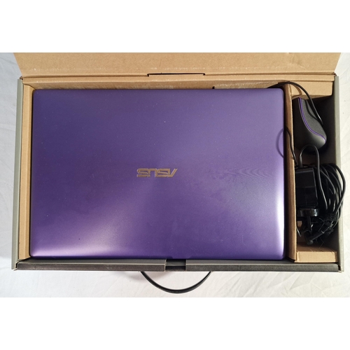 283 - PURPLE ASUS NOTEBOOK WITH AQPROX MOUSE, CHARGER IN DELL CARRY BOX WITH WINDOWS 10 (MODEL X5536) FAUL... 