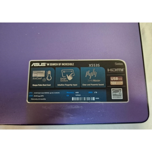 283 - PURPLE ASUS NOTEBOOK WITH AQPROX MOUSE, CHARGER IN DELL CARRY BOX WITH WINDOWS 10 (MODEL X5536) FAUL... 