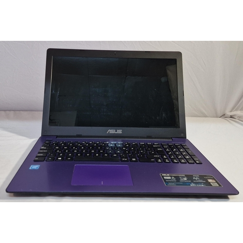 287 - PURPLE ASUS NOTEBOOK WITH CHARGER IN DELL CARRY BOX (MODEL X5536) WITH WINDOWS 10 - FAULTY BATTERY W... 