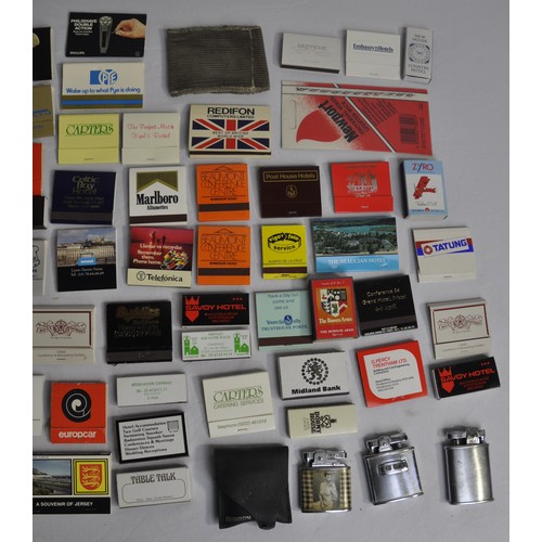 343 - TIN OF VARIOUS MATCHBOXES AND 4 LIGHTERS