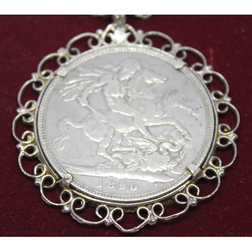 349 - VICTORIAN SILVER CROWN 1890 IN MOUNT ON CHAIN MARKED 925 (TOTAL WEIGHT 40.6g)