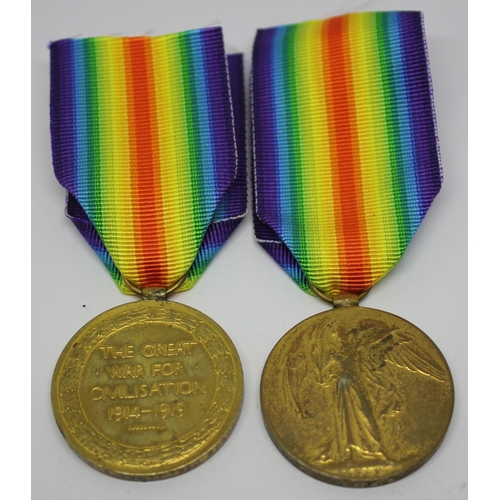 351 - 5 WWI MEDALS - 2 VICTORY MEDALS M2-098982 PTE J HAMPSON A.S.C AND 69214 DVR WJ STAMP R E, BELGIUM WA... 