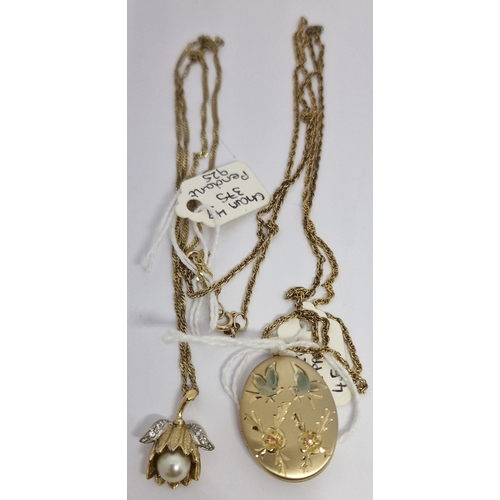 383 - GOLD CHAIN MARKED 375 WITH PENDANT MARKED 925 (4g) AND GOLD COLOURED LOCKET (MARKED 14K GF PPC) ON C... 