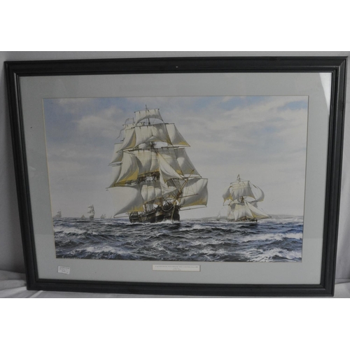 45 - FRAMED PRINT - A 40-GUN ROYAL NAVY FRIGATE AND CUTTER PLUS A FRAMED PRINT ON CANVAS OF GYPSY CARAVAN