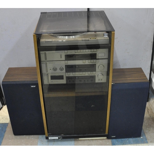 191 - AKAI SEPARATES HI-FI WITH TURNTABLE IN CABINET & SPEAKERS - LID OF CABINET DAMAGED & CASTOR ... 