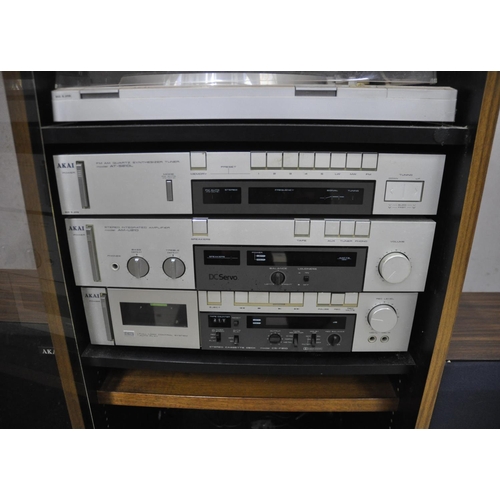 191 - AKAI SEPARATES HI-FI WITH TURNTABLE IN CABINET & SPEAKERS - LID OF CABINET DAMAGED & CASTOR ... 