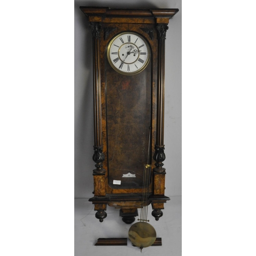 203 - WALNUT CASED VIENNA REGULATOR WALL CLOCK - MISSING WEIGHTS, SOME MOULDING NEEDS REFITTING