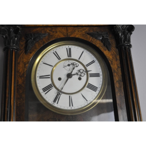 203 - WALNUT CASED VIENNA REGULATOR WALL CLOCK - MISSING WEIGHTS, SOME MOULDING NEEDS REFITTING