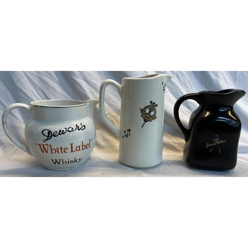 316 - 6 WATER JUGS: PADDY OLD IRISH WHISKEY MADDOCK ENGLAND , DEWAR'S WHITE LABLE WHISKY, SILK CUT, MACKIN... 