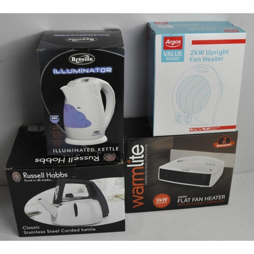 423 - WARMLITE 3kw FAN HEATER, ARGOS 2kw FAN HEATER, RUSSELL HOBBS KETTLE & BREVILLE ILLUMINATED KETTL... 