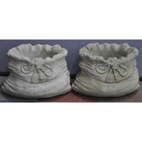 27 - PAIR STONEWORK SACK DESIGN PLANTERS. 9