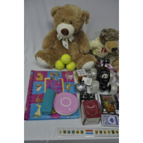 43 - BAG OF TOYS, REMOTE CONTROL CAR, PEWTER BABY BIRTHDAY TANKARD, CAMERA AND 2 TEDDIES