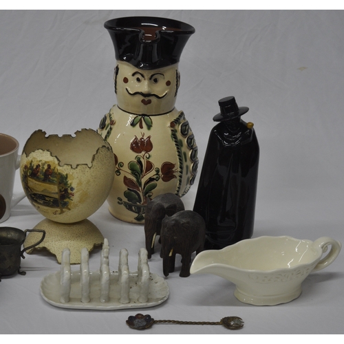 44 - MISCELLANEOUS ITEMS - DECORATED OSTRICH EGG, MOORCROFT DISH - CHIPPED, WADE SANDEMAN SHERRY DECANTER... 