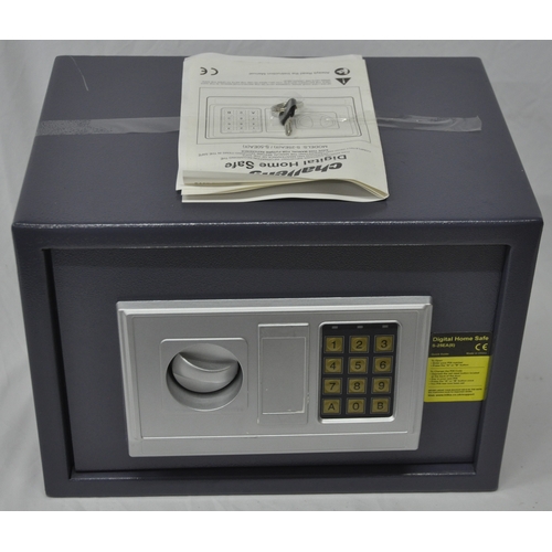 47 - GREY LOCKABLE METAL FILE BOX (NO KEY) AND CHALLENGE DIGITAL HOME SAFE WITH KEY AND INSTRUCTIONS