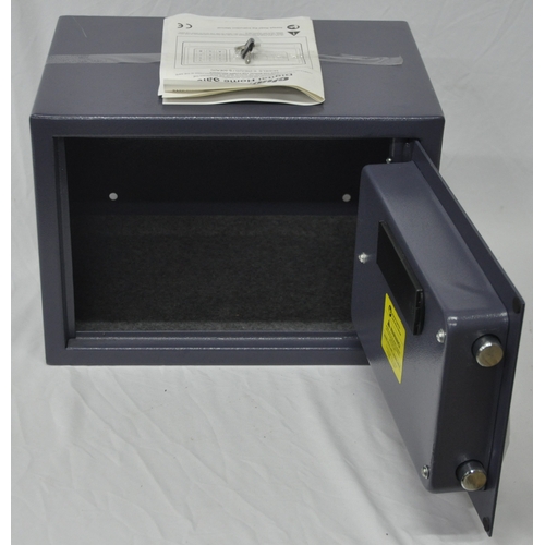 47 - GREY LOCKABLE METAL FILE BOX (NO KEY) AND CHALLENGE DIGITAL HOME SAFE WITH KEY AND INSTRUCTIONS