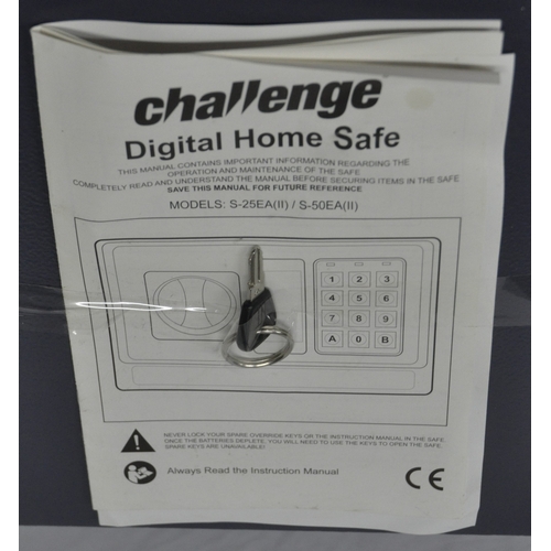 47 - GREY LOCKABLE METAL FILE BOX (NO KEY) AND CHALLENGE DIGITAL HOME SAFE WITH KEY AND INSTRUCTIONS