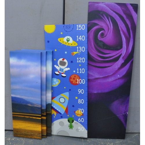 58 - 3 CANVAS PICTURES, PICTURED PHOTO FRAMES, PURPLE FLOWER PICTUE AND CANVAS HEIGHT CHART