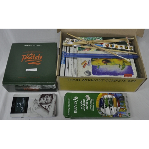 64 - BOX OF SOFT PASTELS - ASSORTED COLOURS  AND SHOEBOX OF ACRYLICS, PAINT BRUSHES AND PASTELS