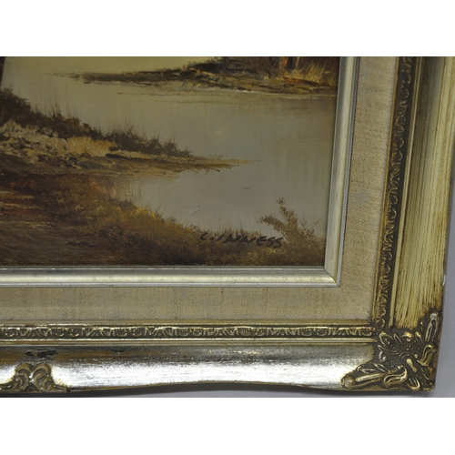 104 - CLASSIC DESIGNS ORIGINAL OIL PAINTING (REF A185-33) GILT FRAMED RIVER AND TREE OIL PAINTING SIGNED C... 