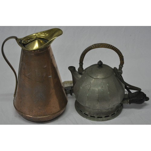 149 - COPPER JUG, ANTIQUE KETTLE (NEED REWIRING), BRASS KETTLE ON STAND AND 3 PLATE HANDLES