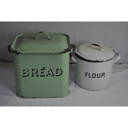 155 - BALANCE SCALES, ENAMEL BREAD BIN AND ENAMEL FLOUR STORAGE