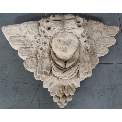 211 - 2 STONEWORK WALL MOUNTED PLAQUES (CHERUB'S FACE & LADY'S FACE) & SMALL CHERUB LYING ON BED O... 