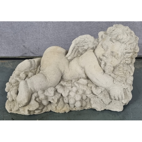 211 - 2 STONEWORK WALL MOUNTED PLAQUES (CHERUB'S FACE & LADY'S FACE) & SMALL CHERUB LYING ON BED O... 