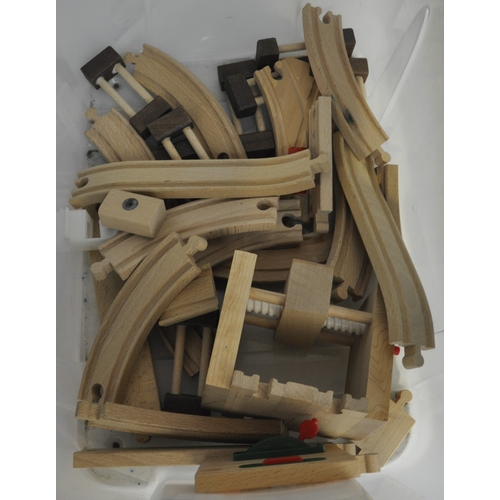 233 - PLASTIC BOX OF BRIO WOODEN TRAIN TRACK AND OTHER ITEMS