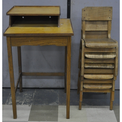 246 - SCHOOL LECTURN/DESK WITH 5 CHAIRS - ALL WOODWORM AFFECTED