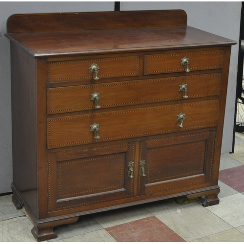 249 - MAHOGANY AND INLAID CHEST OF DRAWERS WITH CUPBOARD BELOW - PLYWOOD BACK REPLACED WITH METAL SHEET