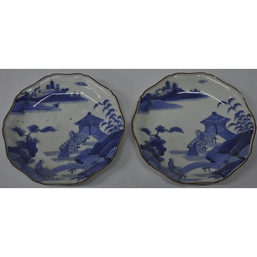 349 - 2 JAPANESE KAKIEMON STYLE BLUE AND WHITE DISHES - SOME CHIPS TO RIM ON BOTH