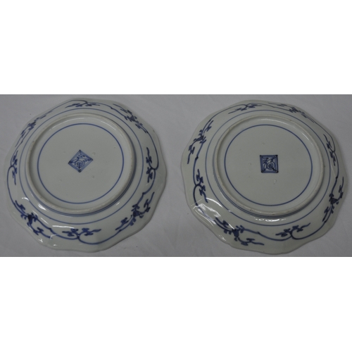 349 - 2 JAPANESE KAKIEMON STYLE BLUE AND WHITE DISHES - SOME CHIPS TO RIM ON BOTH