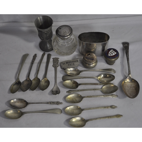 354 - MISCELLANEOUS ITEMS INCLUDING SILVER TOPPED GLASS INKWELL, SILVER PLATED WEMBLY TRINKET BOX, JERSEY ... 