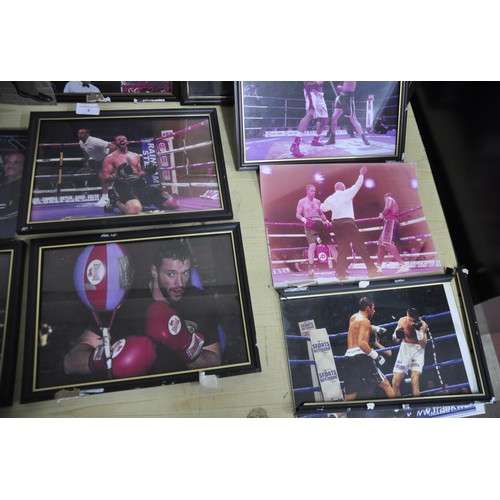 6 - FRAMED BOXING PHOTOS INCLUDING ENZO AND JOE CALZAGHE, SOME SIGNED - SOME FRAMES DAMAGED             ... 