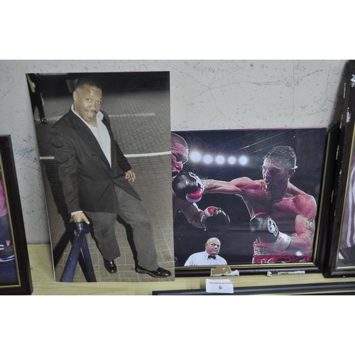 6 - FRAMED BOXING PHOTOS INCLUDING ENZO AND JOE CALZAGHE, SOME SIGNED - SOME FRAMES DAMAGED             ... 