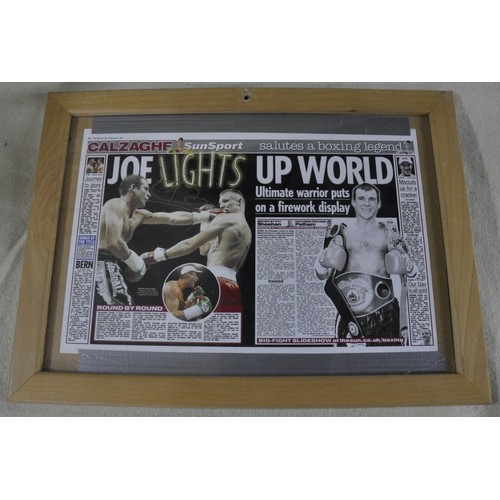 162 - 3 JOE CALZAGHE ITEMS - 2 SIGNED PHOTOS AND A FRAMED NEWSPAPER ARTICLE ITEMS FROM THIS LOT HAVE BEEN ... 