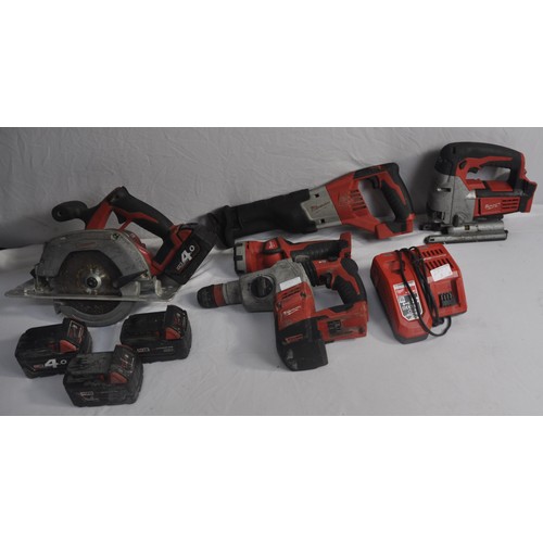 26 - SET OF MILWAUKEE 18V TOOLS WITH CHARGER AND 4 BATTERIES - CIRCULAR SAW, RECIPROCATING SAW, SDS DRILL... 