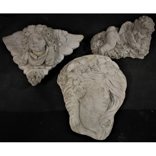 29 - 2 STONEWORK WALL MOUNTED PLAQUES (CHERUB'S FACE & LADY'S FACE) & SMALL CHERUB LYING ON BED O... 