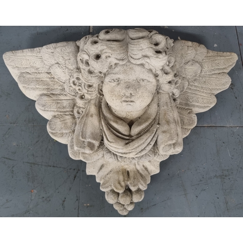 29 - 2 STONEWORK WALL MOUNTED PLAQUES (CHERUB'S FACE & LADY'S FACE) & SMALL CHERUB LYING ON BED O... 