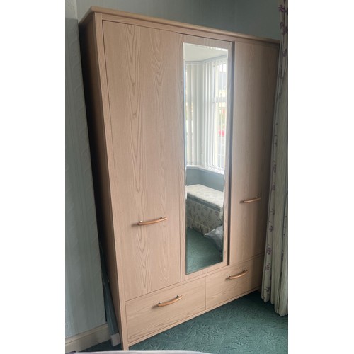 42 - TRIPLE DOOR WARDROBE (DISMANTLED), MATCHING BEDSIDE CABINET & MIRROR