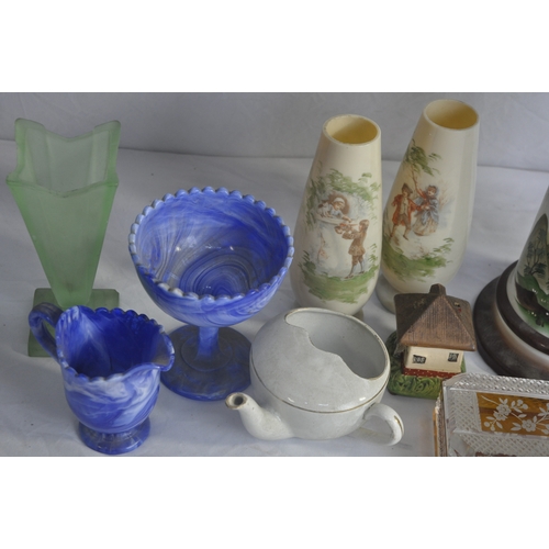 51 - QUANTITY OF GLASS AND CHINA INCLUDING PAIR OF VASES, BLUE GLASS BOWL AND JUG