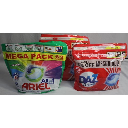 94 - 2 PACKS OF 40 DAZ ALL IN ONE PODS AND PACK OF ARIEL 63 ALL IN ONE PODS (A4)