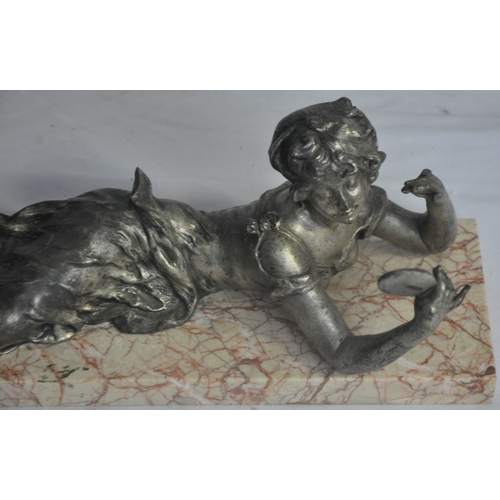 99 - SPELTER FIGURE OF WOMAN LYING DOWN LOOKING IN A MIRROR (1 FINGER MISSING) AND FIGURE OF A WOMAN CROU... 